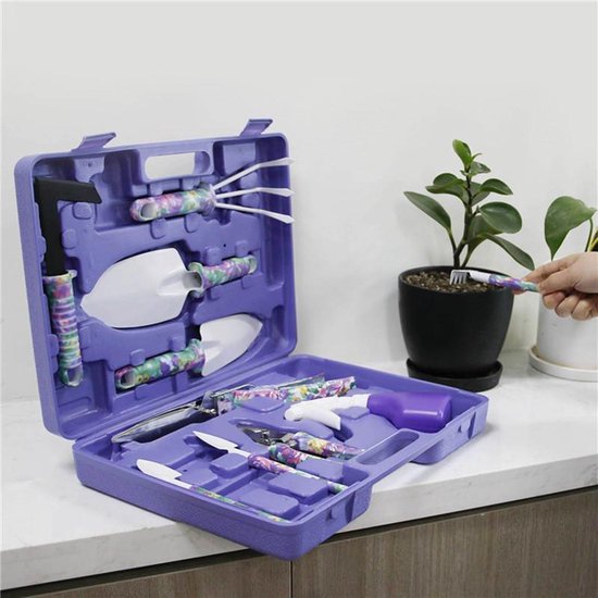 10-Delige Tuingereedschap set met Paarse Bloemenprint en Ergonomisch Handvat