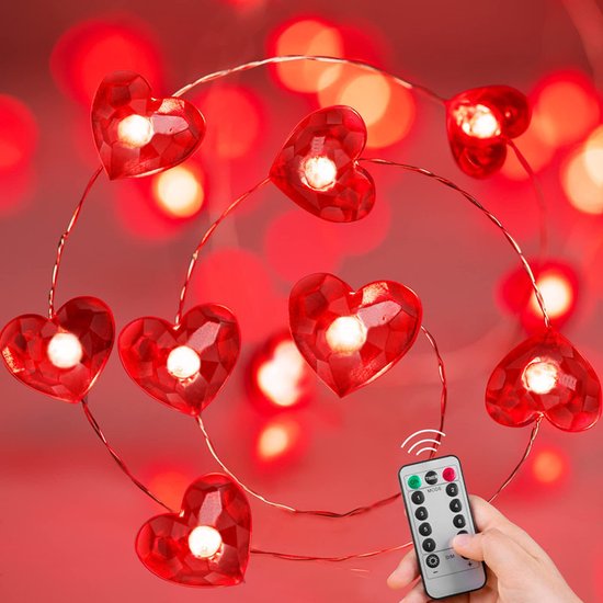 Valentijnsdag decoratie -Rood Hart Liefde Licht Snoer- Fairy Lights-2 Meter 20 Lichten met Afstandsbediening