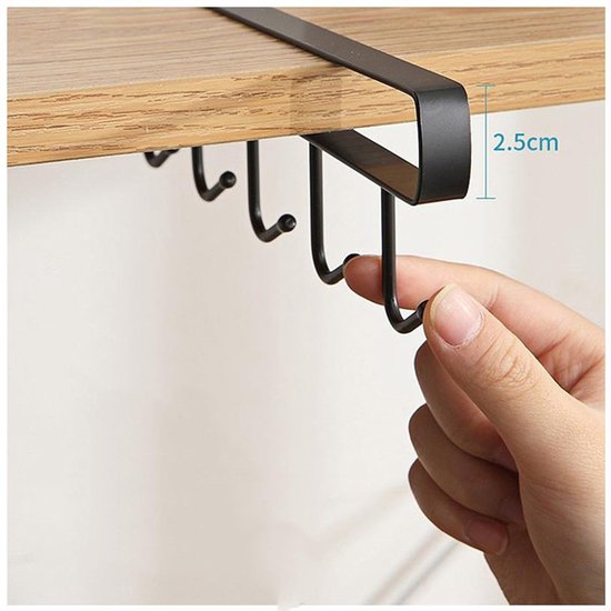 Keukenhaak onder plank, 6 haken - set van 4, zwart 26cm