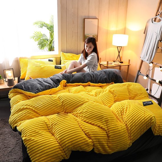 Luxe Flanellen Winter Beddengoedset - 3-Delig - Geel/Grijs