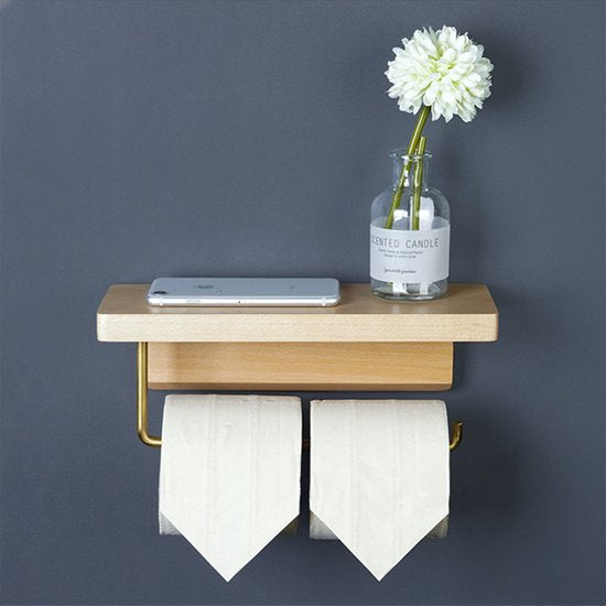 Luxe Zelfklevende Toiletrolhouder met telefoonplankje- Hout & Messing - Geen Boren Nodig-28x10x10cm-goud