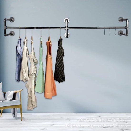 Stevige Kledingstang voor aan de Muur - Duurzame Kledingrail- Metaal -Draagvermogen tot 50 kg - Ideaal voor Wasruimte en Slaapkamer- 180 cm-Matzwart