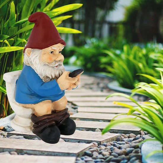 Grappige Kabouter Tuinornament op Toilet met Telefoon