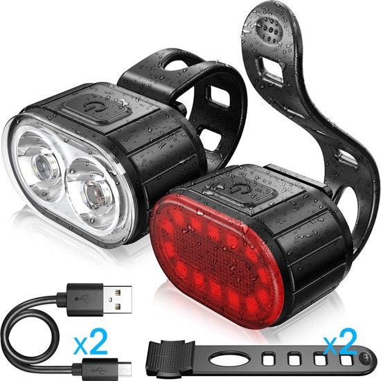 Xtraworks- Waterdichte USB oplaadbare Fietsverlichting-IPX4 waterdicht-voor en achter-zwart