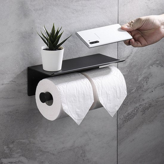 Dubbele toiletrolhouder met RVS plank 260x100x100 mm zwart