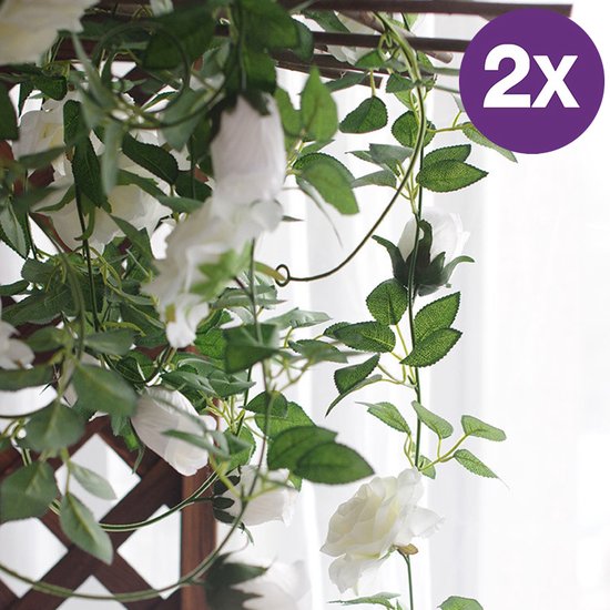 2 Stuks Klimop Slinger met grote rozen kunstbloem -2 meter lang-decoratieve slinger-Bloemenkrans-wit