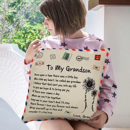 TDR - Sierkussensloop- 45x45 cm  - leuk als cadeau voor grootmoeder naar kleinzoon -  "To my grandson"