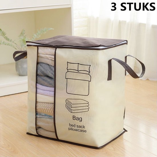 3stuks Multifunctionele Opbergzak voor Dekbedden en Kleding - Duurzame Niet-Geweven Stof - Beige - 45x28x49 cm