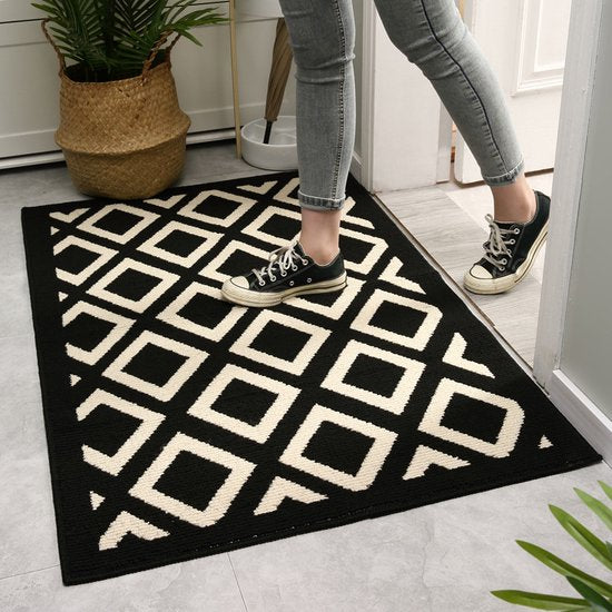 Geometrische antislip deurmat voor binnen-Schoonloopmat-zwart/beige 60x90cm