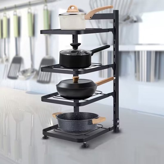 4 Lagen Verstelbaar Pannenrek van Premium Koolstofstaal - Ruimtebesparend, Multifunctioneel & Stevig - Perfect voor Potten, Pannen & Keukengerei-zwart