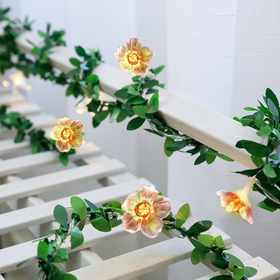 LED lichtsnoer kersenbloesem +groen rotan 2meter 20 lampjes-werkt op batterij-roze