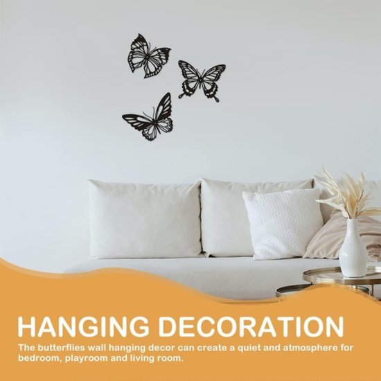 Metalen vlinder wanddecoratie 3-pack zwart 3D binnen/buiten