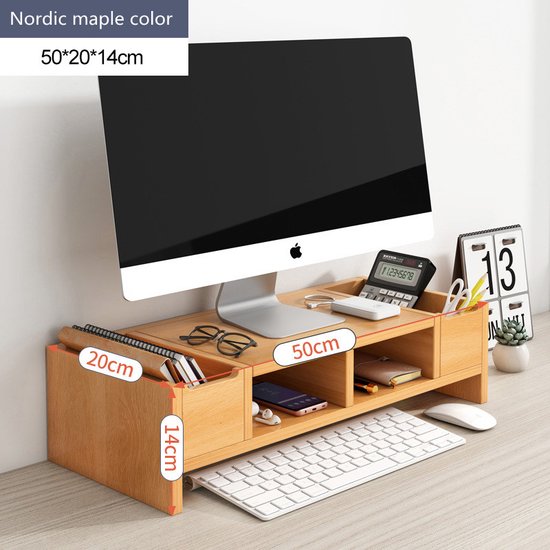 TDR-Monitorstandaard - Beeldscherm verhoger -Bureau organizer 50X20X14CM- Draagvermogen van 30 kilo-esdoornhout kleur