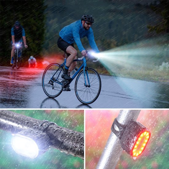 Xtraworks- Waterdichte USB oplaadbare Fietsverlichting-IPX4 waterdicht-voor en achter-zwart