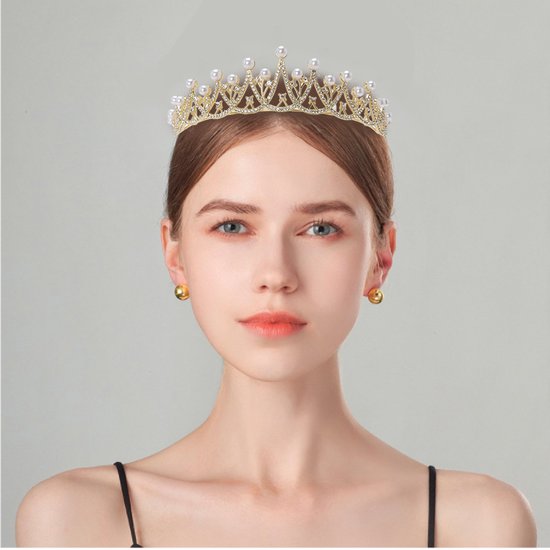 Luxe Koninklijke Tiara met Witte Parels en Sprankelende Kristallen-Goud Kroon voor Speciale Gelegenheden