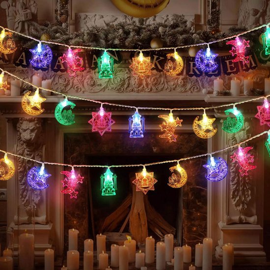 Magische LED-Lichtslinger | Feestelijk & Sfeervol | Perfect voor Ramadan & Eid | 2m, 10 LED's met Sterren, Manen & Kastelen-Multicolour