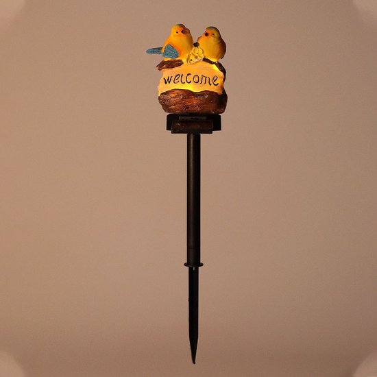 Solar Tuinlamp – Welkomstlamp met Vogels – Decoratieve Buitenverlichting – Geel – 39 cm – Op Zonne-energie