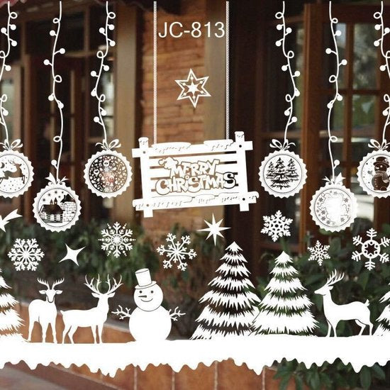 Kerst Raamstickers met sneeuwpop en kerstballen - Herbruikba