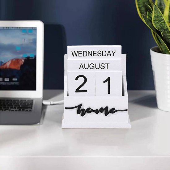 Houten Eeuwigdurende Kalender met 'Home' Design – Stijlvolle Handmatige Datumweergave voor Thuis & Kantoor-wit
