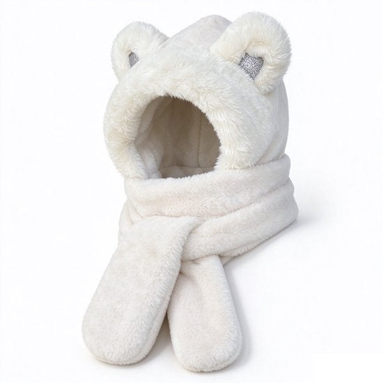 Winterse 3-in-1 Pluche Set - Muts, Sjaal & Handschoenen met Beeroren - Crème Wit – afbeelding 4