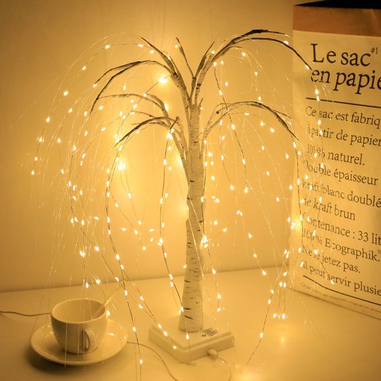 Stijlvolle LED Wilgenboom Lamp 50cm hoog met 7 modi-voor Woonkamer en Slaapkamer - Dual Power (USB & Batterij), Warm Wit Sfeerlicht, Energiezuinig & Veelzijdig Design-wit