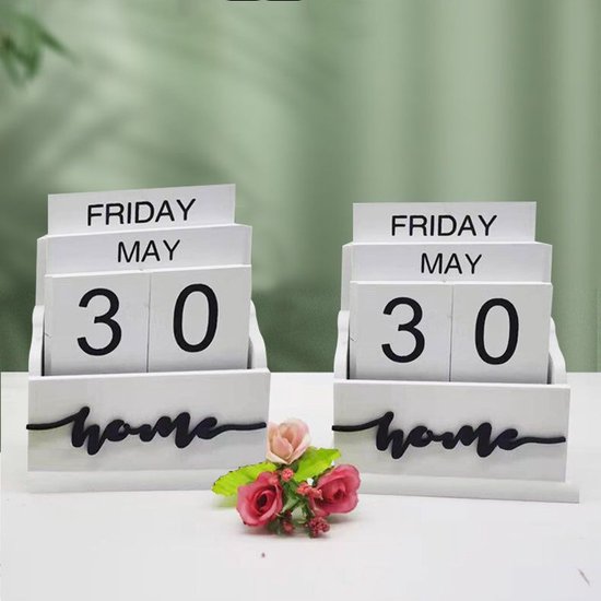 Houten Eeuwigdurende Kalender met 'Home' Design – Stijlvolle Handmatige Datumweergave voor Thuis & Kantoor-wit