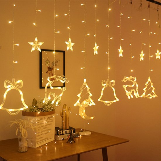 LED Lichtgordijn met Charmante Kerstboom en Belvormige Decoraties- voor een Warme en Feestelijke Leefruimte, 138 Warme LED's