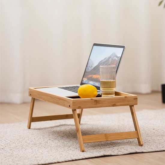 Multifunctionele Bamboe Bedtafel - Ideaal voor Ontbijt op Bed & Laptopgebruik - Opklapbaar en Draagbaar met Antislip Rand 50*30*6CM