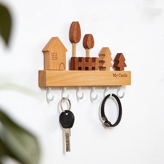 Houten Sleutelhanger – Uniek Design met 6 Metalen Haken – Compact en Decoratief-22.5x2x14.5cm