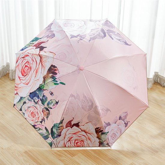 Opvouwbaar bloem paraplu - Zonbescherming Anti-Uv UPF50 + -Windproof- Stevig paraplu met diameter van 97 cm -licht roze