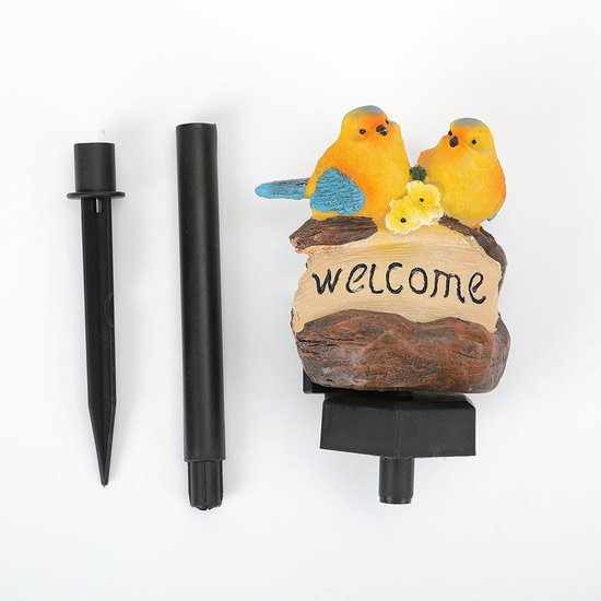 Solar Tuinlamp – Welkomstlamp met Vogels – Decoratieve Buitenverlichting – Geel – 39 cm – Op Zonne-energie