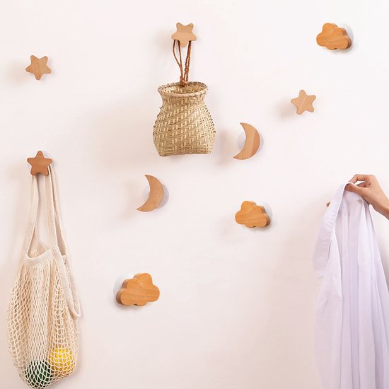 3 stuks Beukenhouten Kapstokhaken – Ster, Maan & Wolk