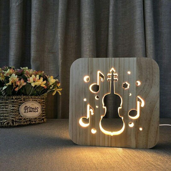 Lamp - 19cm - Tafellamp - Lamp - LED en One touch control - Houten Tafellamp - Gitaar & Muzieknoten figuur