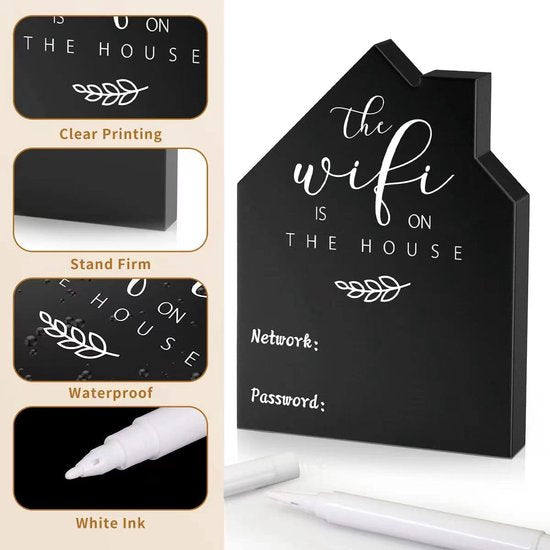Houten WiFi Bord Huisvorm – Schrijfbaar Netwerk & Wachtwoord