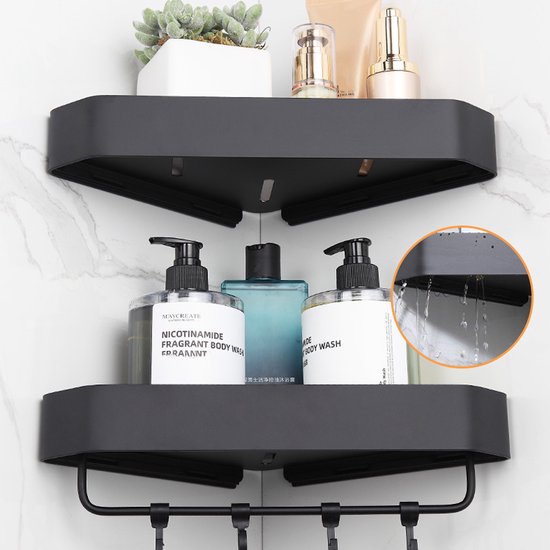 Driehoekig Badkamerrek 2 Lagen met 4 Haakjes - Zwart