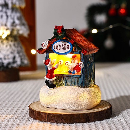 6 stuks Mini Kerstdorp met LED-verlichting – Cadeauwinkel, Snoepwinkel & Thermo Gulee-betoverende kerstsfeer