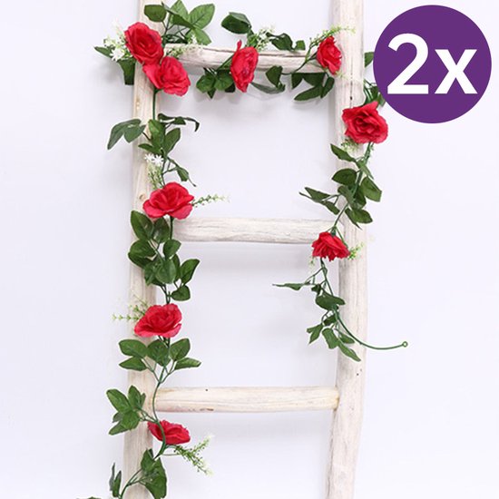 2x Rode rozen slinger 145cm - Kunstbloemen voor Bruiloft