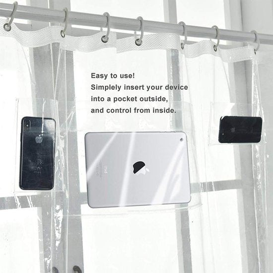 Transparante Douchegordijn met 12 waterdichte aanraakgevoelige vakken voor Tabled / IPad / Mobiel - Om Films, TikTok, Facebook, Instagram, etc te gebruiken tijdens het douchen - 180 x 200 cm