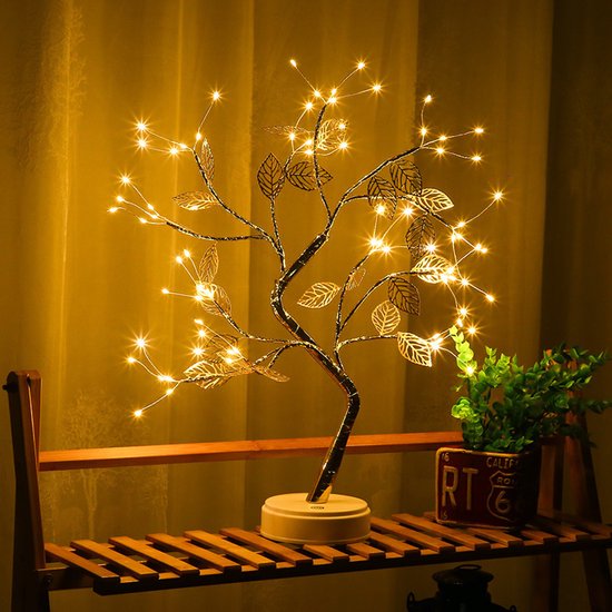 LED Firefly Boomlamp – 72 Warmwitte Lampjes – Goudkleurig – Sfeervolle Tafellamp – Batterij – Blad Design – Binnenverlichting