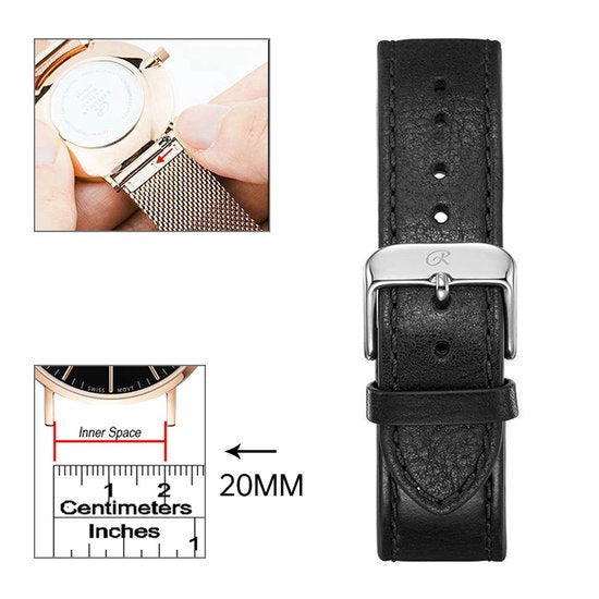 20mm Universele Italian leather Strap Black/silver - Quick Release - Past op Alle Merken met 20mm Aanzetmaat