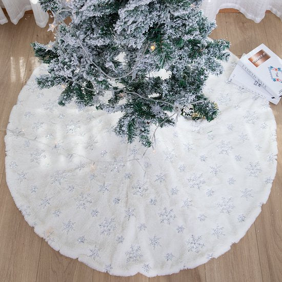 Duurzame Pailletten Geborduurde Kerstboom Rok - 122cm, Wit sneeuw en zilver accenten- Een Feestelijke Toevoeging aan Je Kerstdecoratie