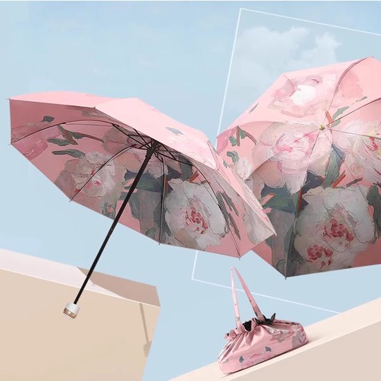 TDR-Opvouwbaar bloem paraplu - Zonbescherming Anti-Uv UPF50 + -Windproof- Stevig paraplu met diameter van 97 cm-roze
