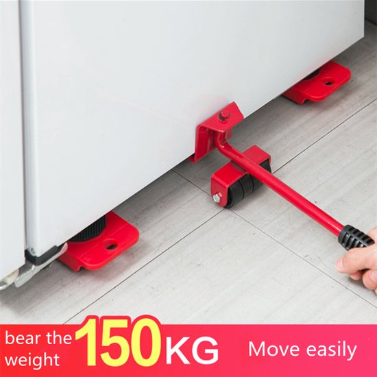 Meubelroller - 4 stuks - met meubelheffer / krik - 5 delig - Max 150kg - Rood