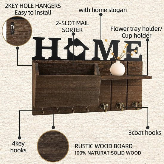 Grote Stijlvolle Wandgemonteerde Sleutelhouder met 'HOME' Design - Functionaliteit en Esthetiek in Eén-38*7.5*17cm-donkerbruin