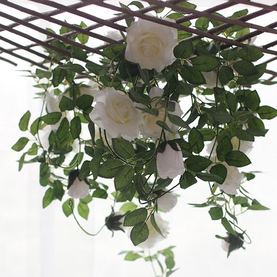 2x klimop slinger met grote rozen kunstbloem 2m wit