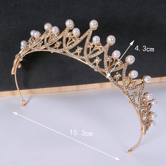 Luxe Koninklijke Tiara met Witte Parels en Sprankelende Kristallen-Goud Kroon voor Speciale Gelegenheden