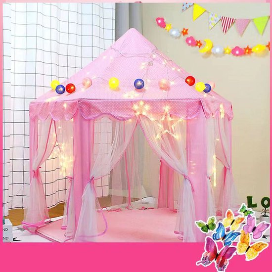 Kinder Speeltent met Sterretjes Verlichting- Kasteel Design -Princess Castle Game Tent- Binnen en Buiten - Roze - 140x70x135CM