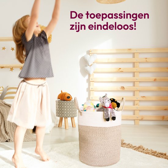 Wasmand Katoen - Opbergmand 52 ltr - Mand Rond met handvaten - Wasbox Opvouwbaar - Speelgoedmand