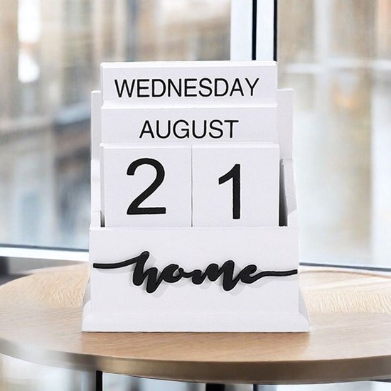 Houten Eeuwigdurende Kalender 'Home' – Handmatige Datum, Wit