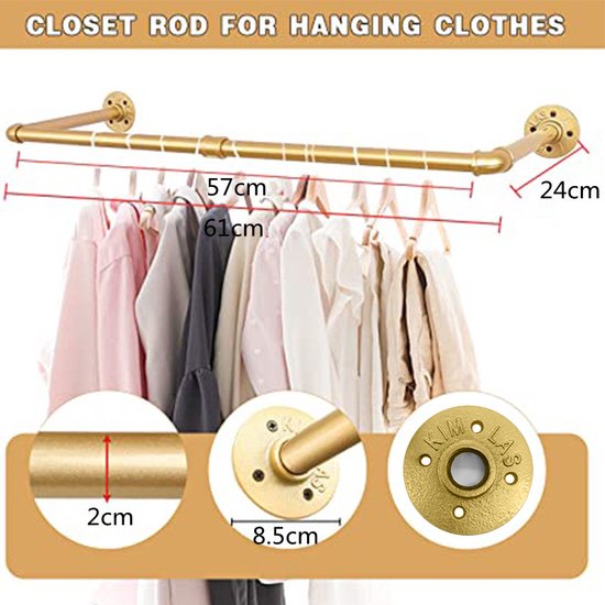 Industriële Buis Kledingrekken - Metalen Kledingrekken - Draagvermogen tot 30 kg -Robuust & Stijlvol voor Thuis en Winkel-57x24x61 cm-goud